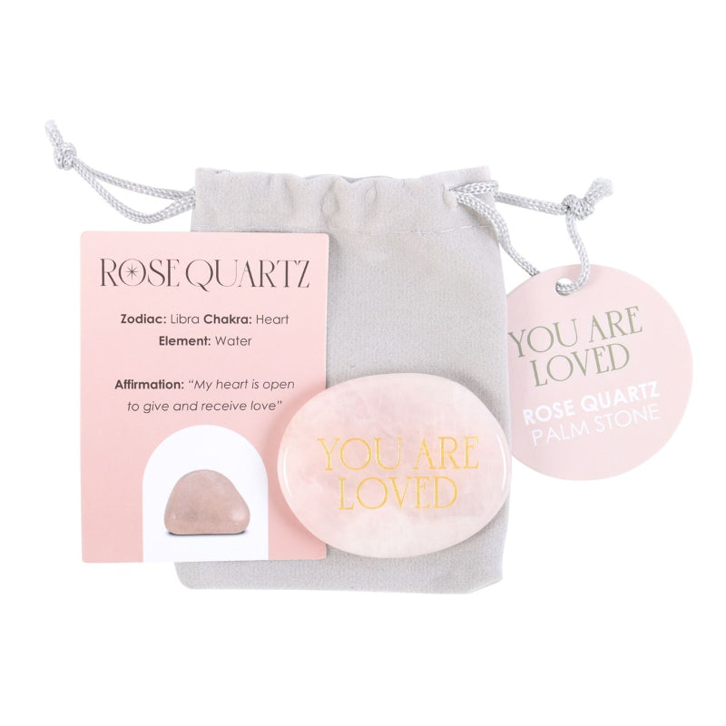 “You Are Loved” Rose Quartz Flat Palm Stone