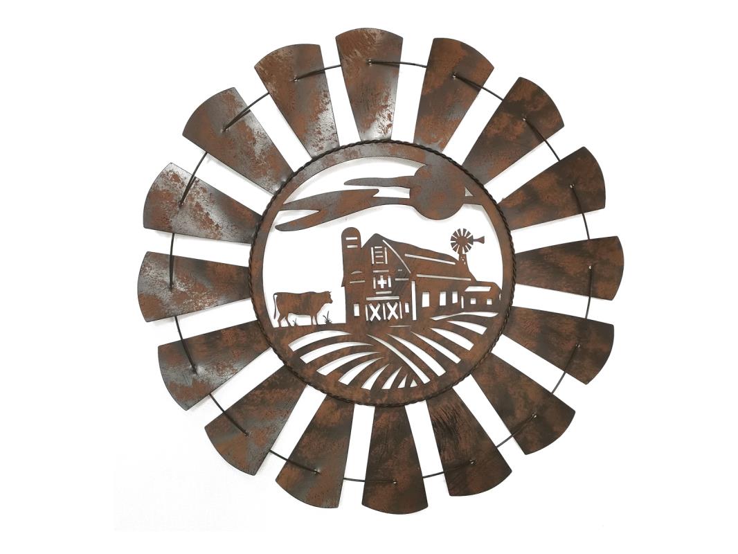 54cm Rustic Metal Country Scene Windmill Wall Art