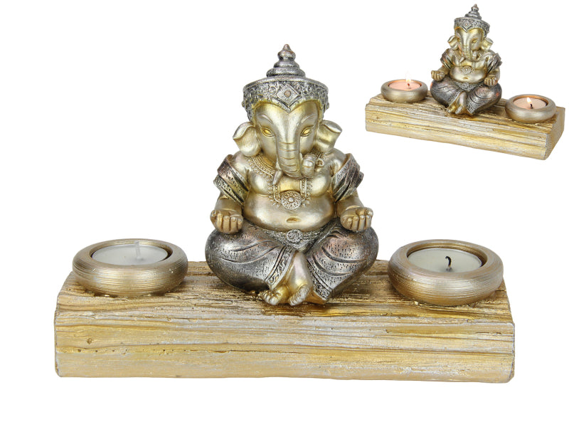 14cm Ganesh On Wooden Double Tealight Holder