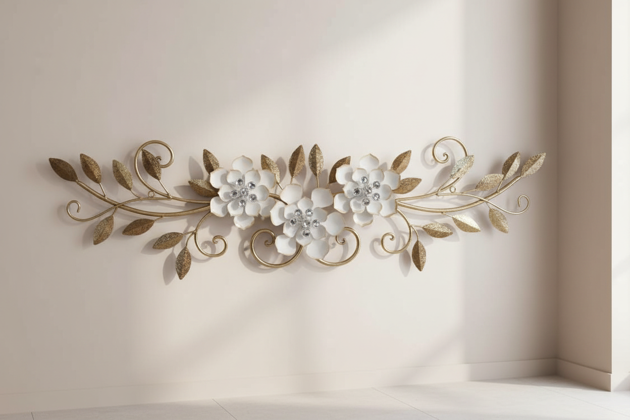 93cm Metal White & Gold Flower Wall Art