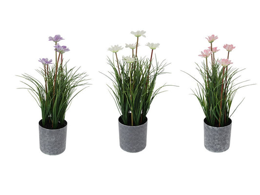 Artificial Floral & Greenery Arrangement In Grey Pots - 49cm